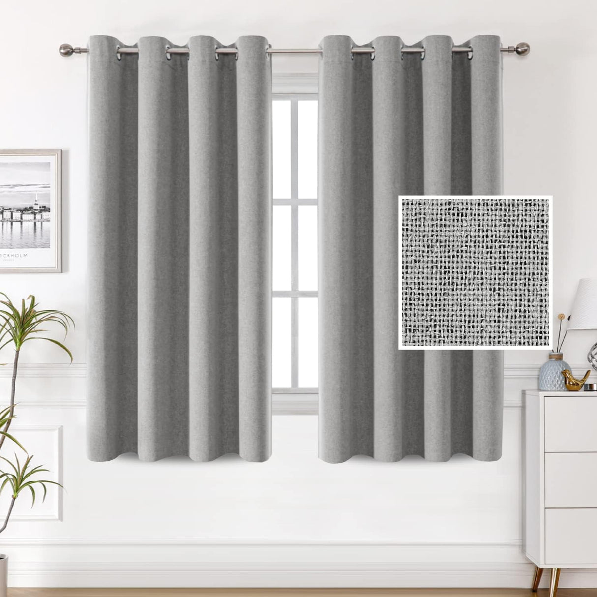 H.VERSAILTEX 100% Blackout Linen Curtains Thermal Insulated Textured Burlap Grommet Window Drapes 2 Panels