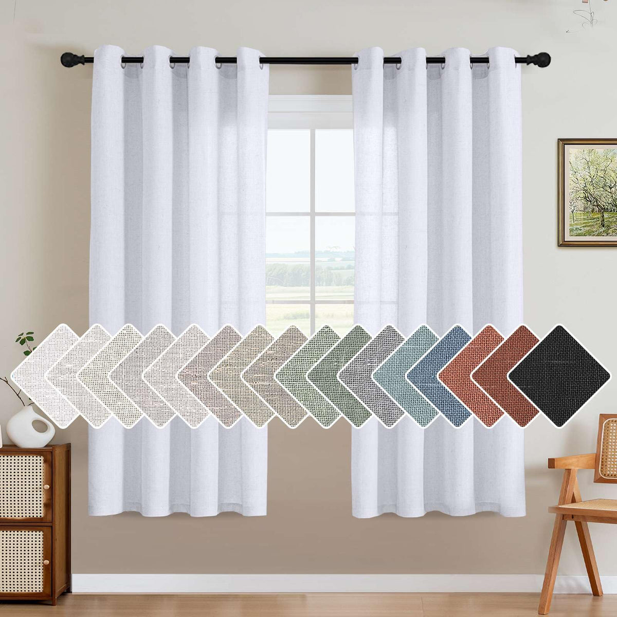 H.VERSAILTEX Natural Linen Curtains 63 inches Long for Living Room 2 Panels Back Tab Loop Pocket Textured Light Filtering Semi Sheer Curtains Rustic Farmhouse Boho Curtain for Bedroom, Sea Grass