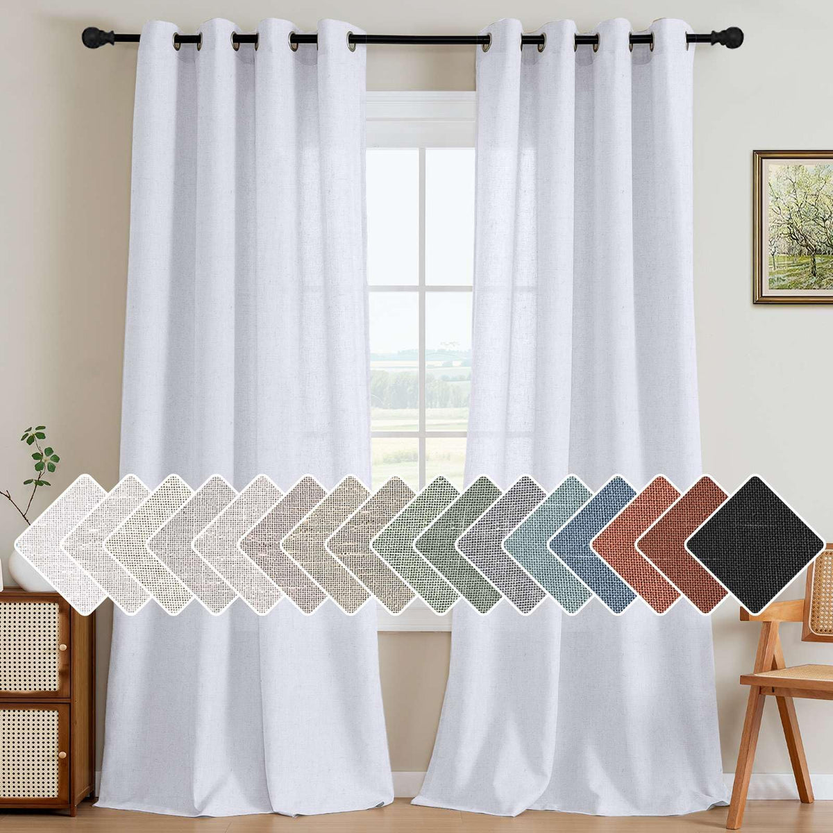 H.VERSAILTEX Natural Linen Curtains 63 inches Long for Living Room 2 Panels Back Tab Loop Pocket Textured Light Filtering Semi Sheer Curtains Rustic Farmhouse Boho Curtain for Bedroom, Sea Grass