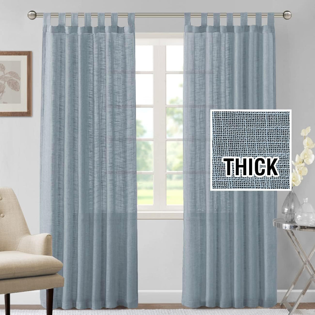 H.VERSAILTEX Linen Natural Linen Blended Curtains for Living Room Burlap Linen Textured Tab Top Curtain Energy Efficient Light Filtering Curtains (Set of 2, 52" x 84", Stone Blue)