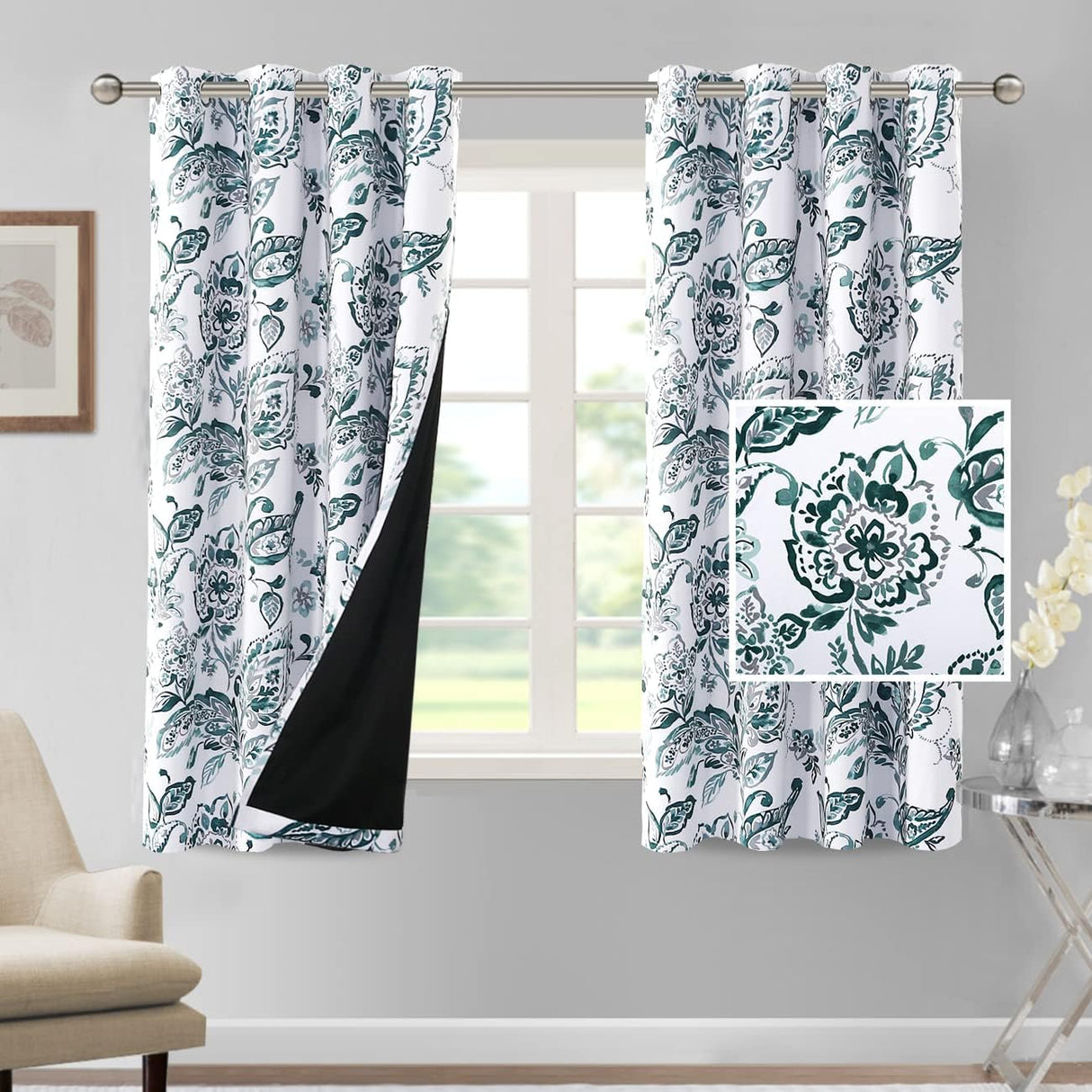 H.VERSAILTEX 100% Blackout Curtains for Living Room Camellia Floral Thermal Insulated Grommet Window Drapes 2 Panels