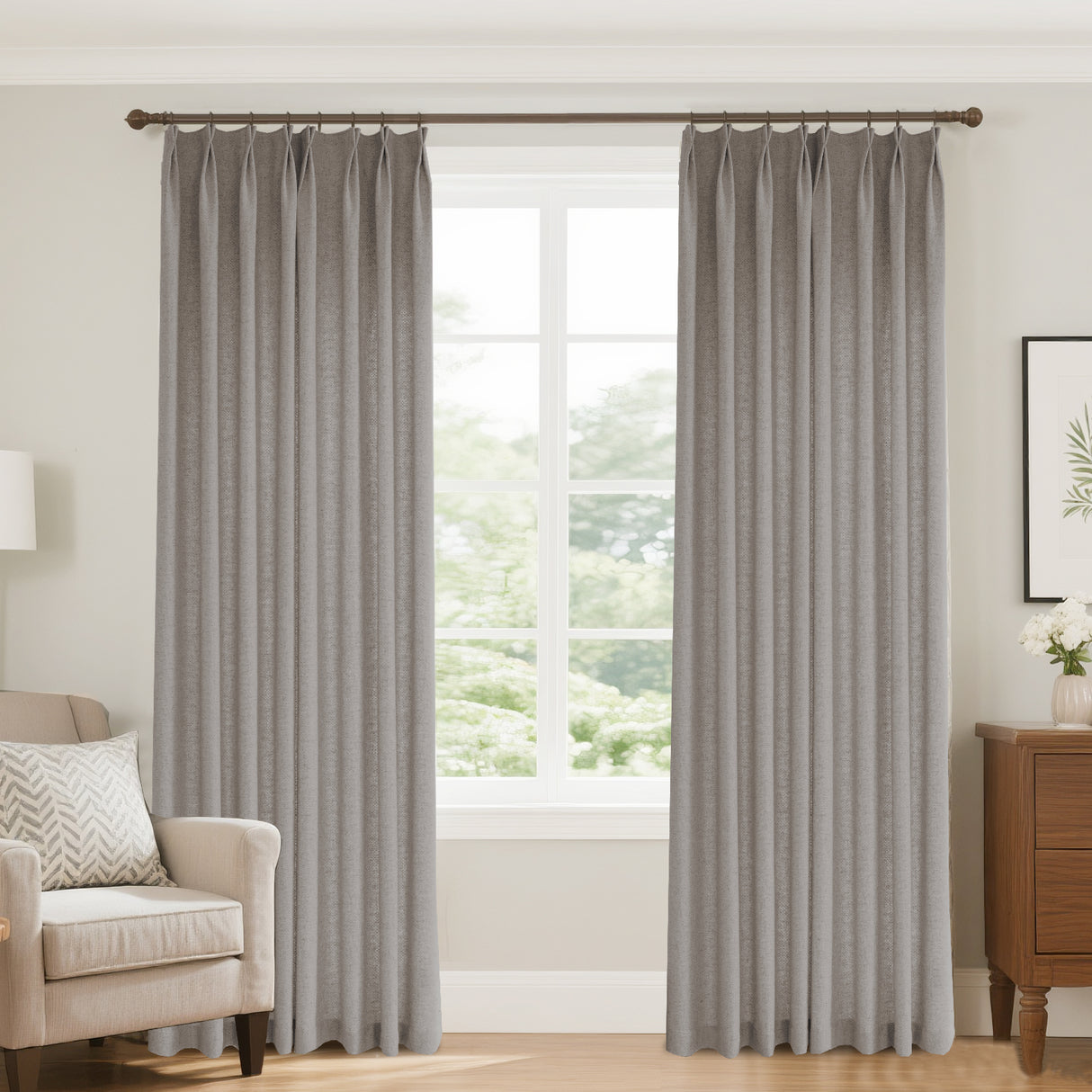 Aurevia Grid-Weave Linen Curtain Drapery Pleated