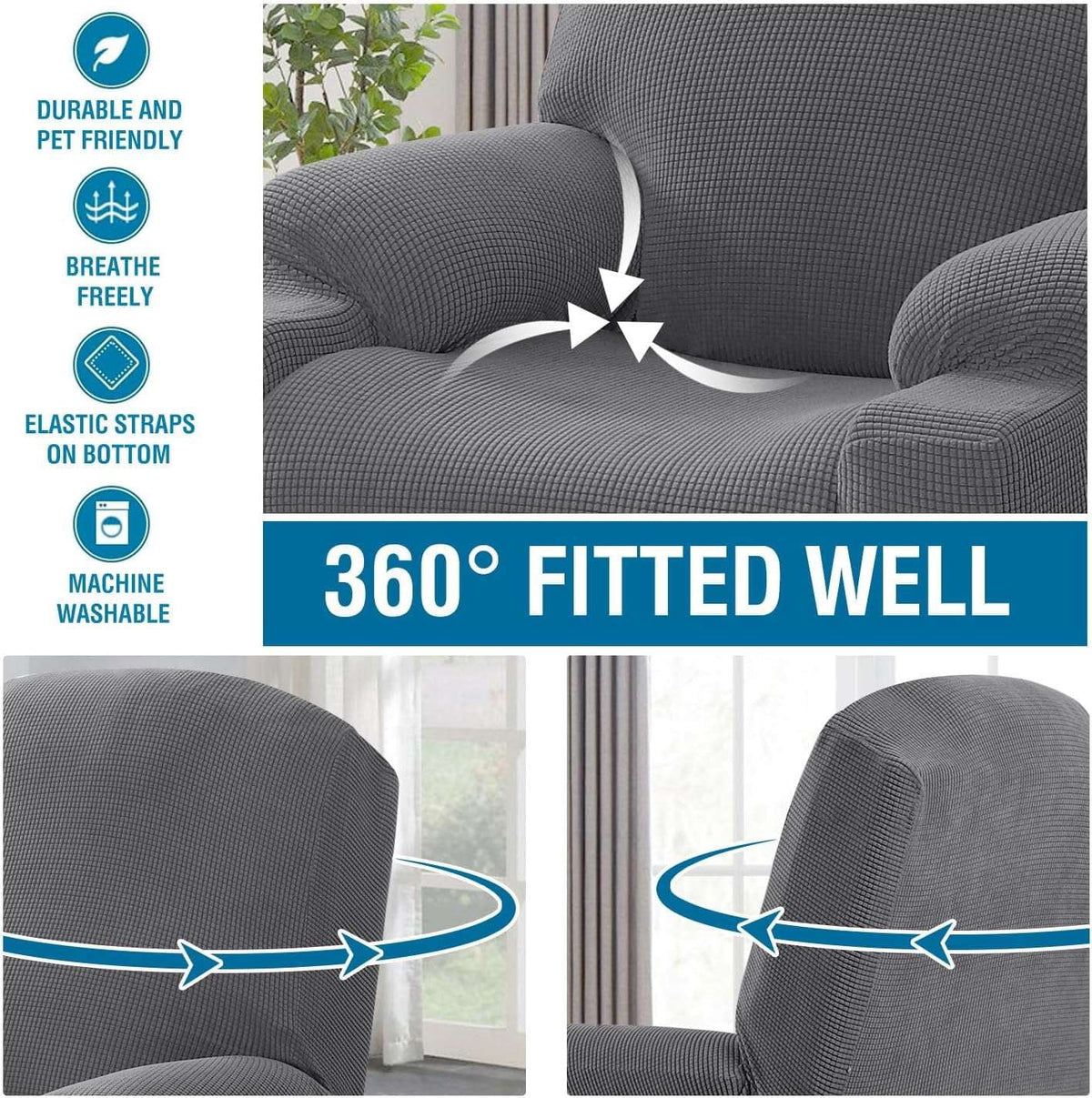 H.VERSAILTEX Slipcover Stretch Electric Power Lift Recliner Chair Cover with Side Pocket, Soft Thick Jacquard(Single Seat, Grey)
