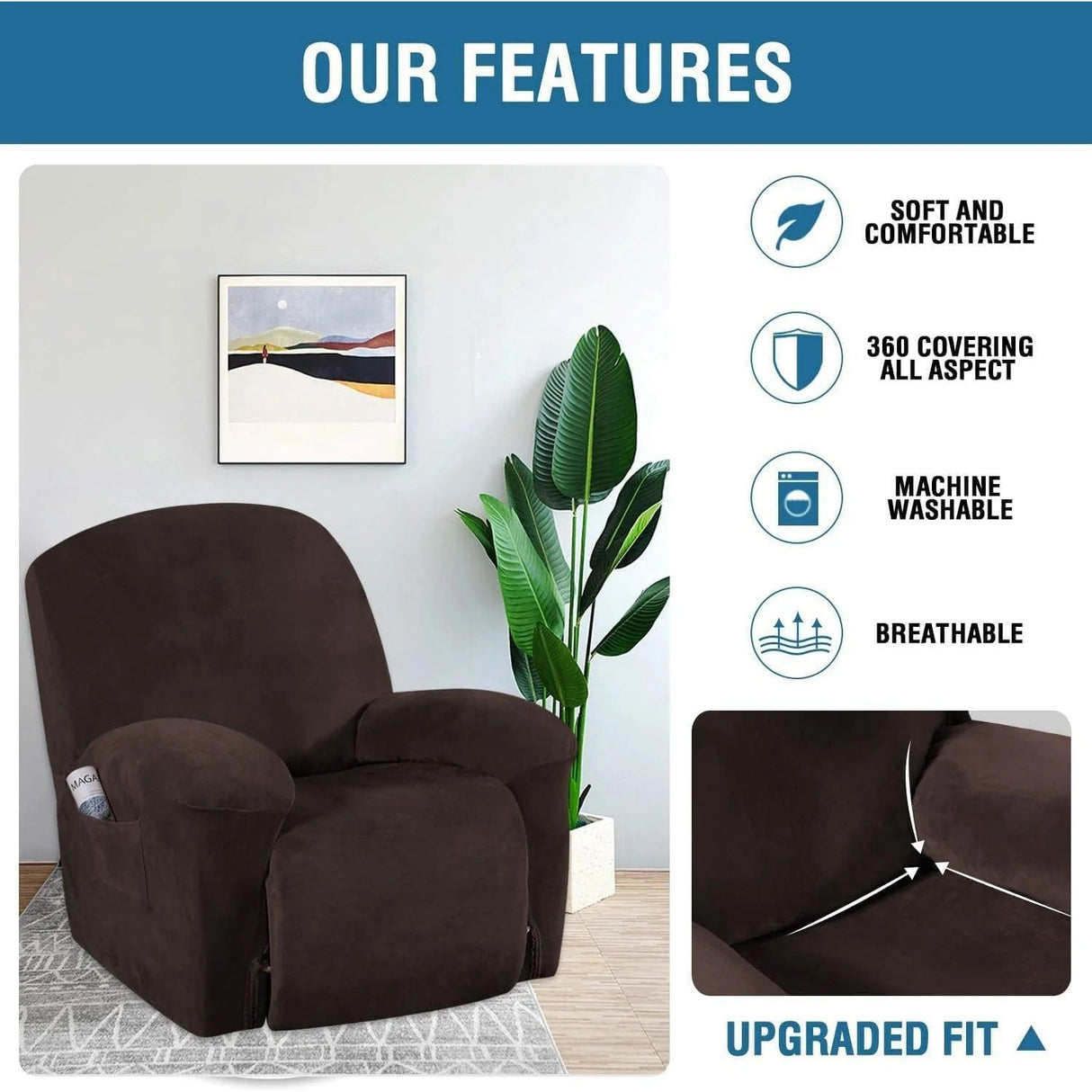 Velvet Plush Slip Covers for Recliners with Arms 1-Piece Stretch Recliner
