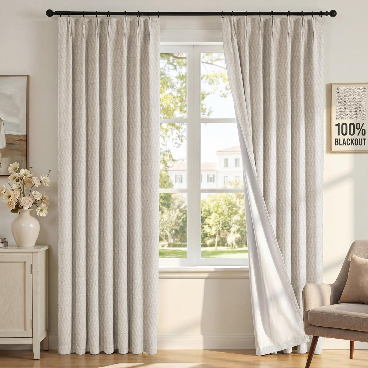 H.VERSAILTEX Ivory Pinch Pleated 100% Blackout Curtains 84 Inches Long