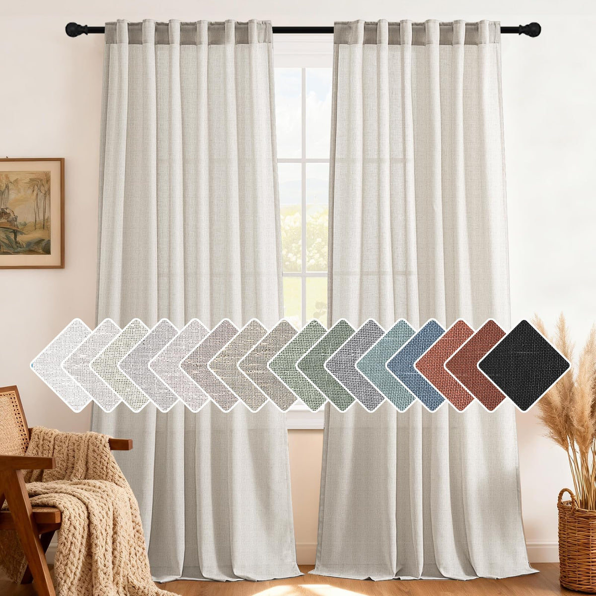 H.VERSAILTEX Natural Linen Curtains 63 inches Long for Living Room 2 Panels Back Tab Loop Pocket Textured Light Filtering Semi Sheer Curtains Rustic Farmhouse Boho Curtain for Bedroom, Sea Grass