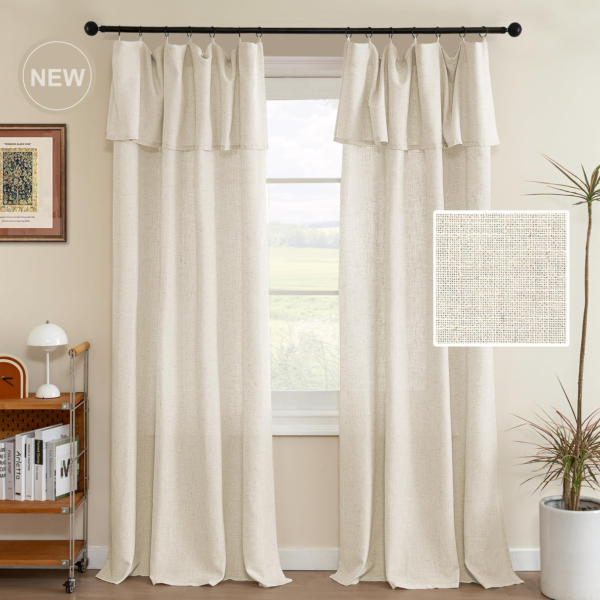 H.VERSAILTEX Linen Curtains with Attached Valance 95 Inch Length for Living Room Boho Window Drapes 2 Panels Set for Farmhouse Semi-Sheer Treatments Rod Pocket/Ring Top for Bedroom 52 x 95 Inch, Linen