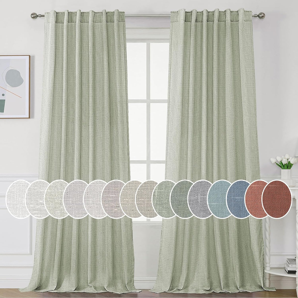 Natural Linen Tab Loop Pocket Semi Sheer Light Filtering Curtains