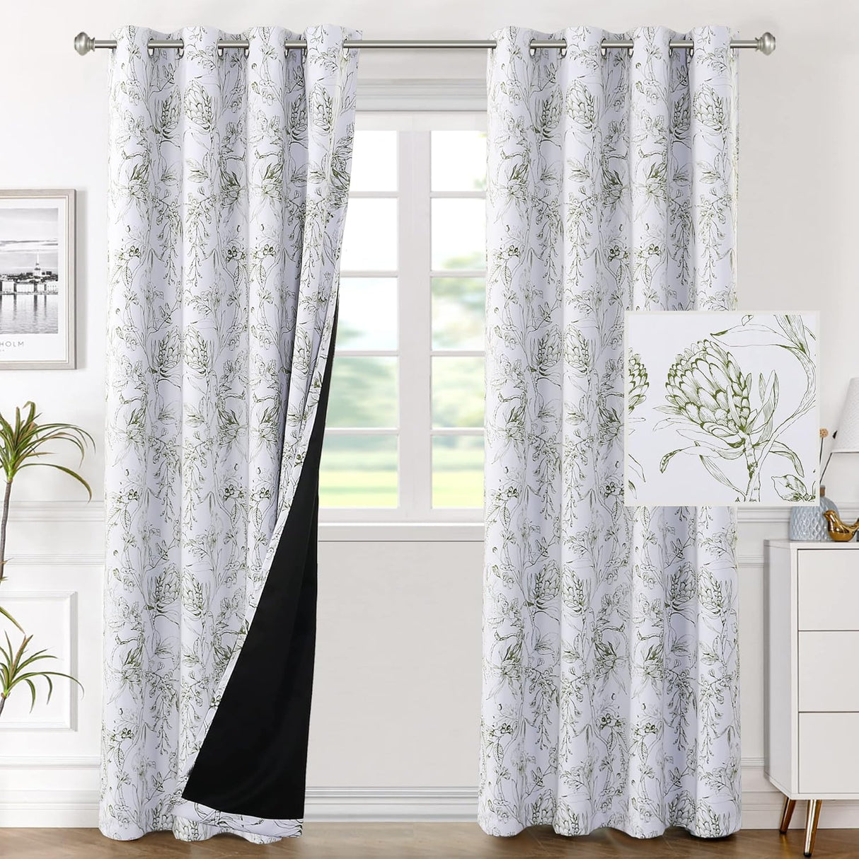 H.VERSAILTEX 100% Blackout Curtains for Living Room Camellia Floral Thermal Insulated Grommet Window Drapes 2 Panels
