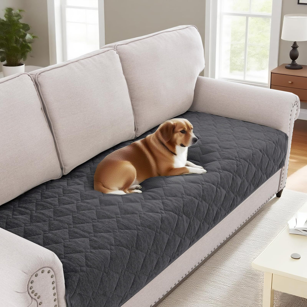 H.VERSAILTEX Couch Cover Chenille Pet Fuzzy Sofa Covers for 3 Cushion Couch Anti Slip Washable Sofa Slipcovers with Strap Soft Couch Protector Cover for Dogs Cats Kids(36" x 74",Khaki)