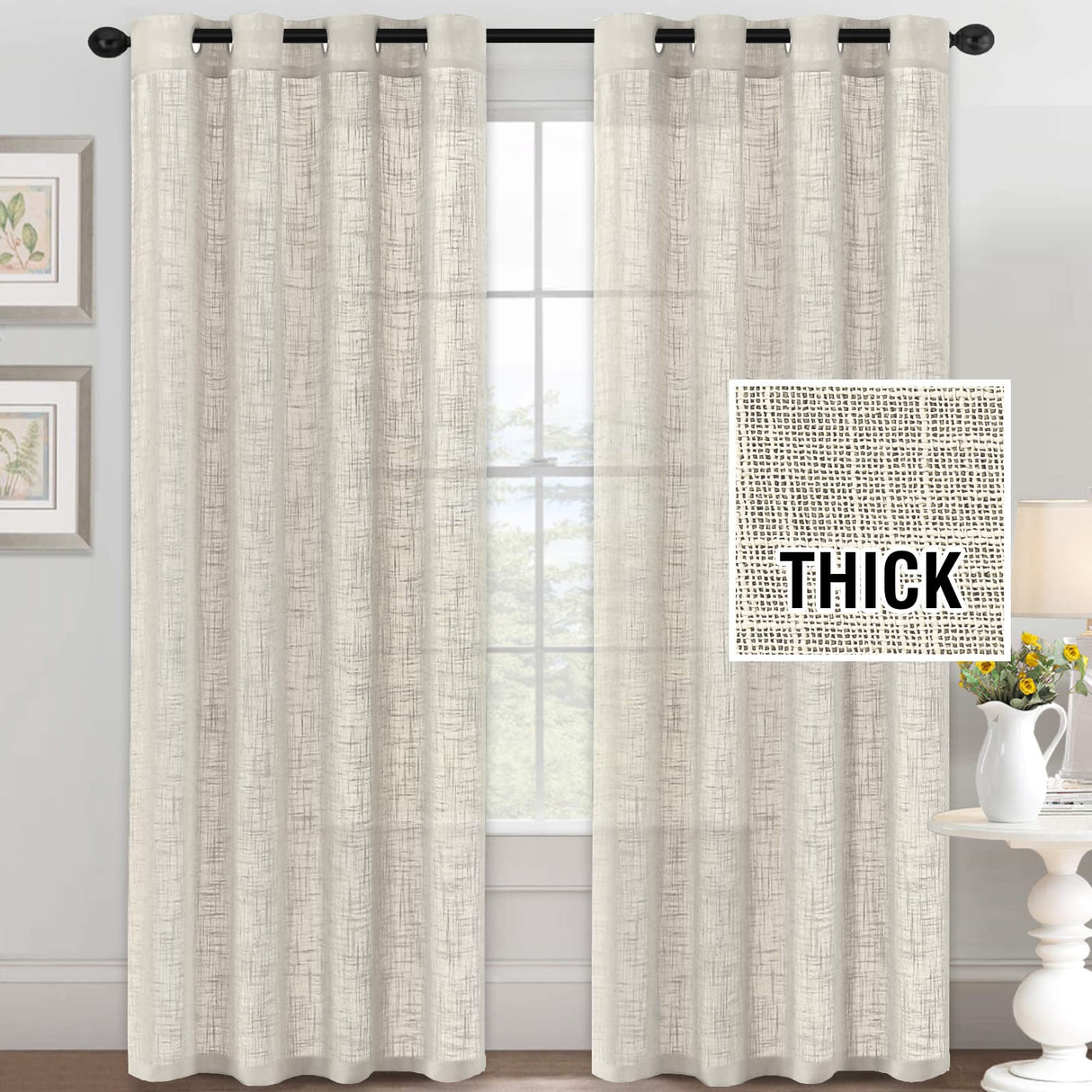 H.VERSAILTEX Linen Blended Curtains - Natural Linen Textured, Light Filtering Nickel Grommet 2 Panel Sets, 52" x 84", Angora for Living Room & Bedroom