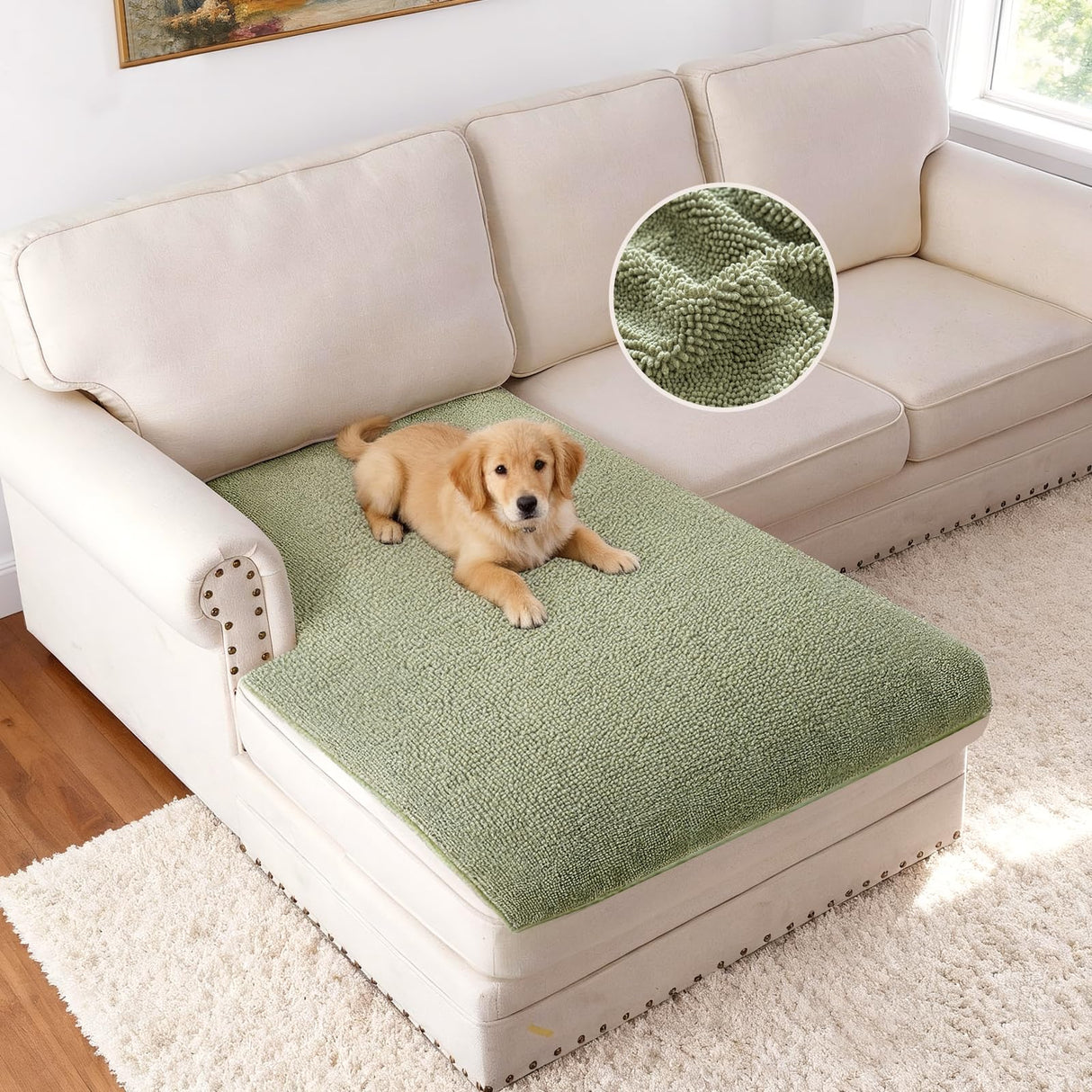 H.VERSAILTEX Non Slip Pet Couch Cover Chenille Dog Bed Protector Thick Soft Sofa Slipcover Pet Friendly Washable Couch Cushion Covers for Pets (30" x 53", Sage)