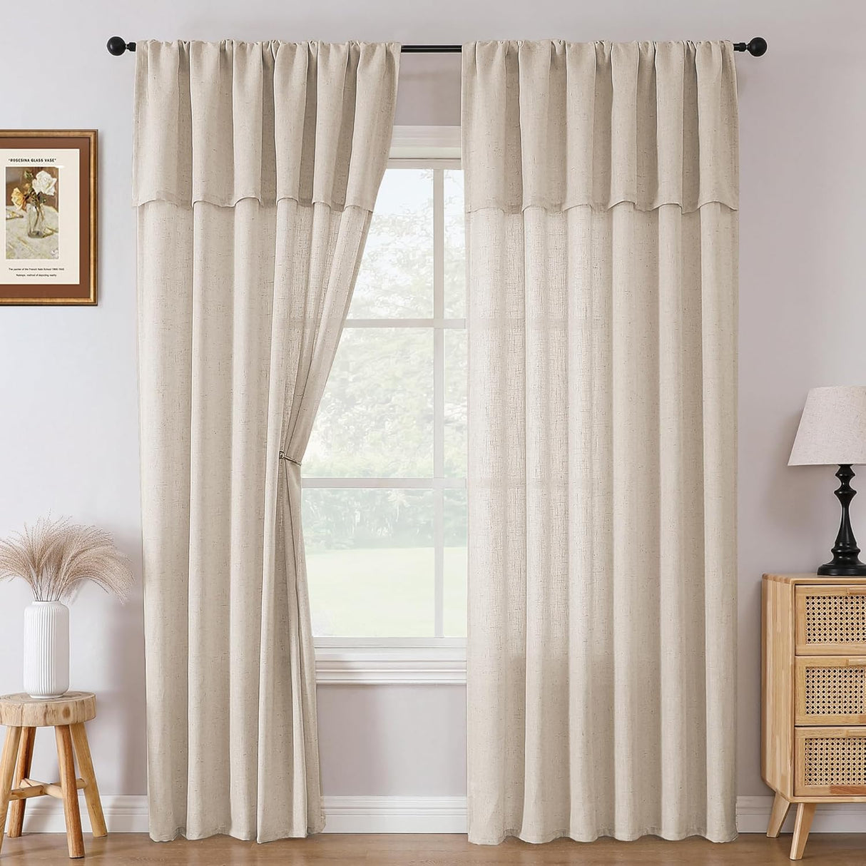 H.VERSAILTEX Linen Curtains with Attached Valance 95 Inch Length for Living Room Boho Window Drapes 2 Panels Set for Farmhouse Semi-Sheer Treatments Rod Pocket/Ring Top for Bedroom 52 x 95 Inch, Linen