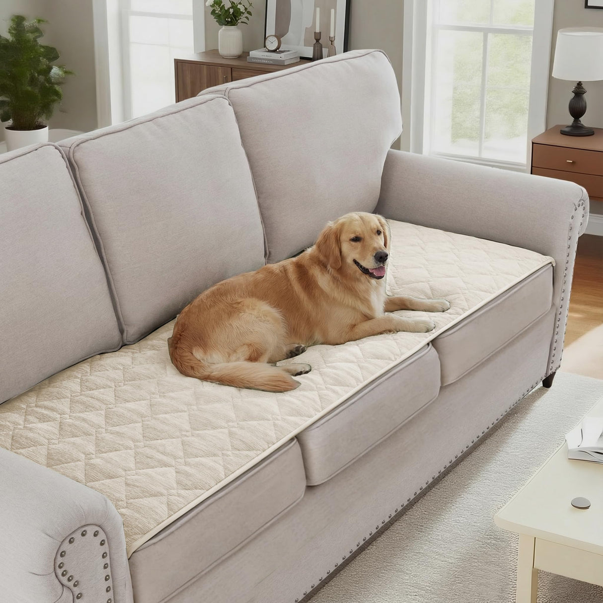 H.VERSAILTEX Couch Cover Chenille Pet Fuzzy Sofa Covers for 3 Cushion Couch Anti Slip Washable Sofa Slipcovers with Strap Soft Couch Protector Cover for Dogs Cats Kids(36" x 74",Khaki)