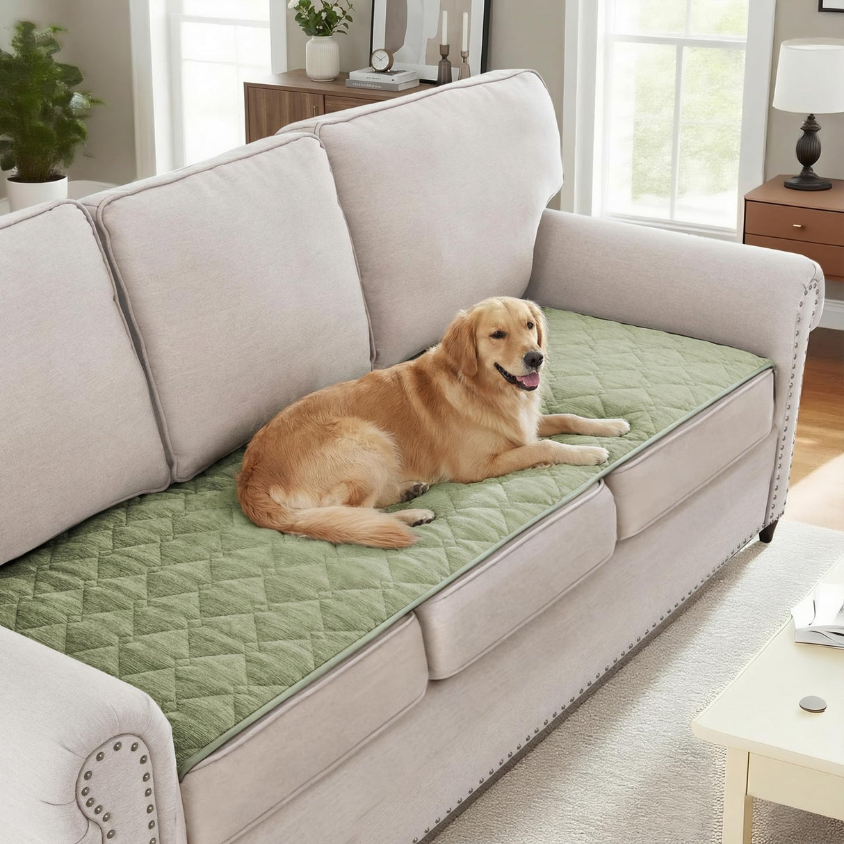 H.VERSAILTEX Couch Cover Chenille Pet Fuzzy Sofa Covers for 3 Cushion Couch Anti Slip Washable Sofa Slipcovers with Strap Soft Couch Protector Cover for Dogs Cats Kids(36" x 74",Khaki)