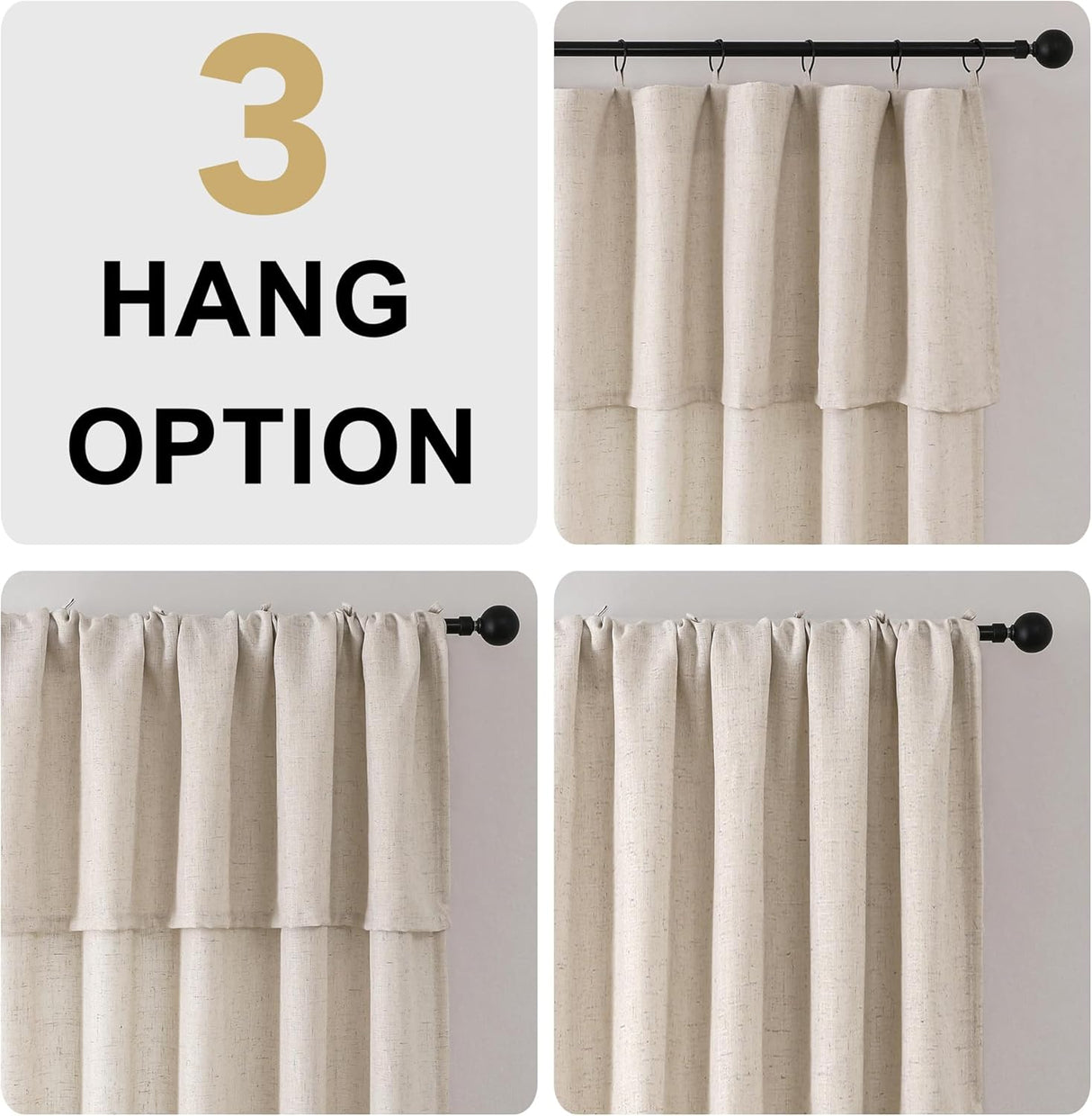 H.VERSAILTEX Linen Curtains with Attached Valance 95 Inch Length for Living Room Boho Window Drapes 2 Panels Set for Farmhouse Semi-Sheer Treatments Rod Pocket/Ring Top for Bedroom 52 x 95 Inch, Linen