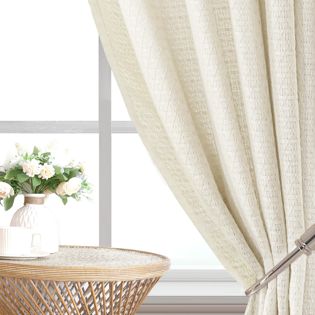 H.VERSAILTEX Boho Linen Curtains for Living Room Linen Textured Bedroom Curtain Light Filtering Back Tab, 52 x 84 inches Long, White, Set of 2 Panels