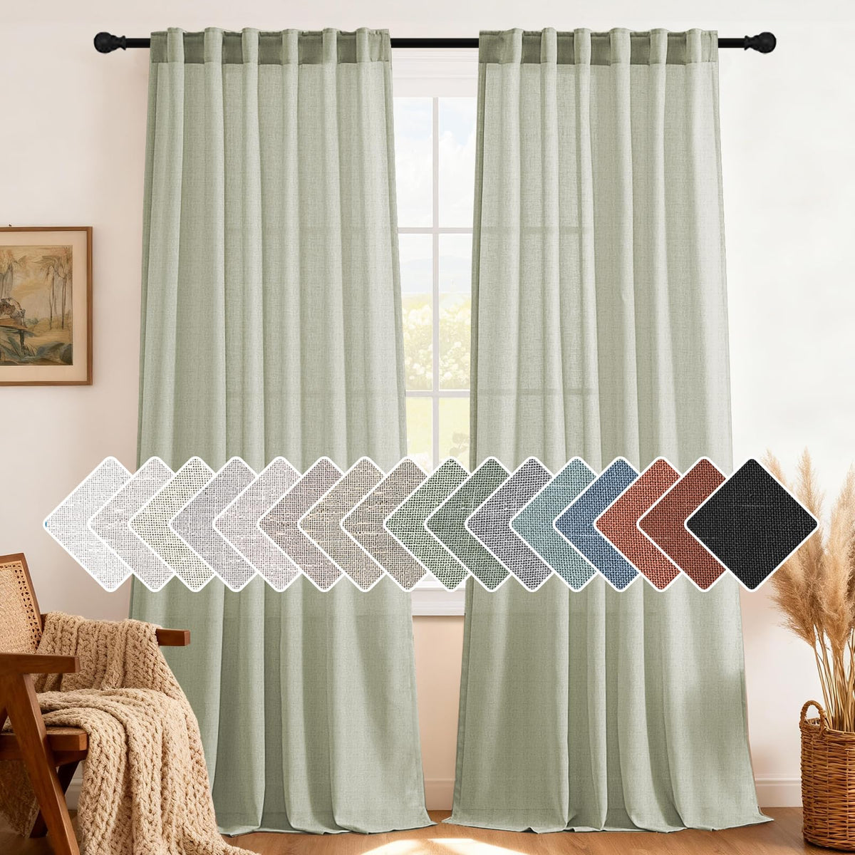 H.VERSAILTEX Natural Linen Curtains 63 inches Long for Living Room 2 Panels Back Tab Loop Pocket Textured Light Filtering Semi Sheer Curtains Rustic Farmhouse Boho Curtain for Bedroom, Sea Grass