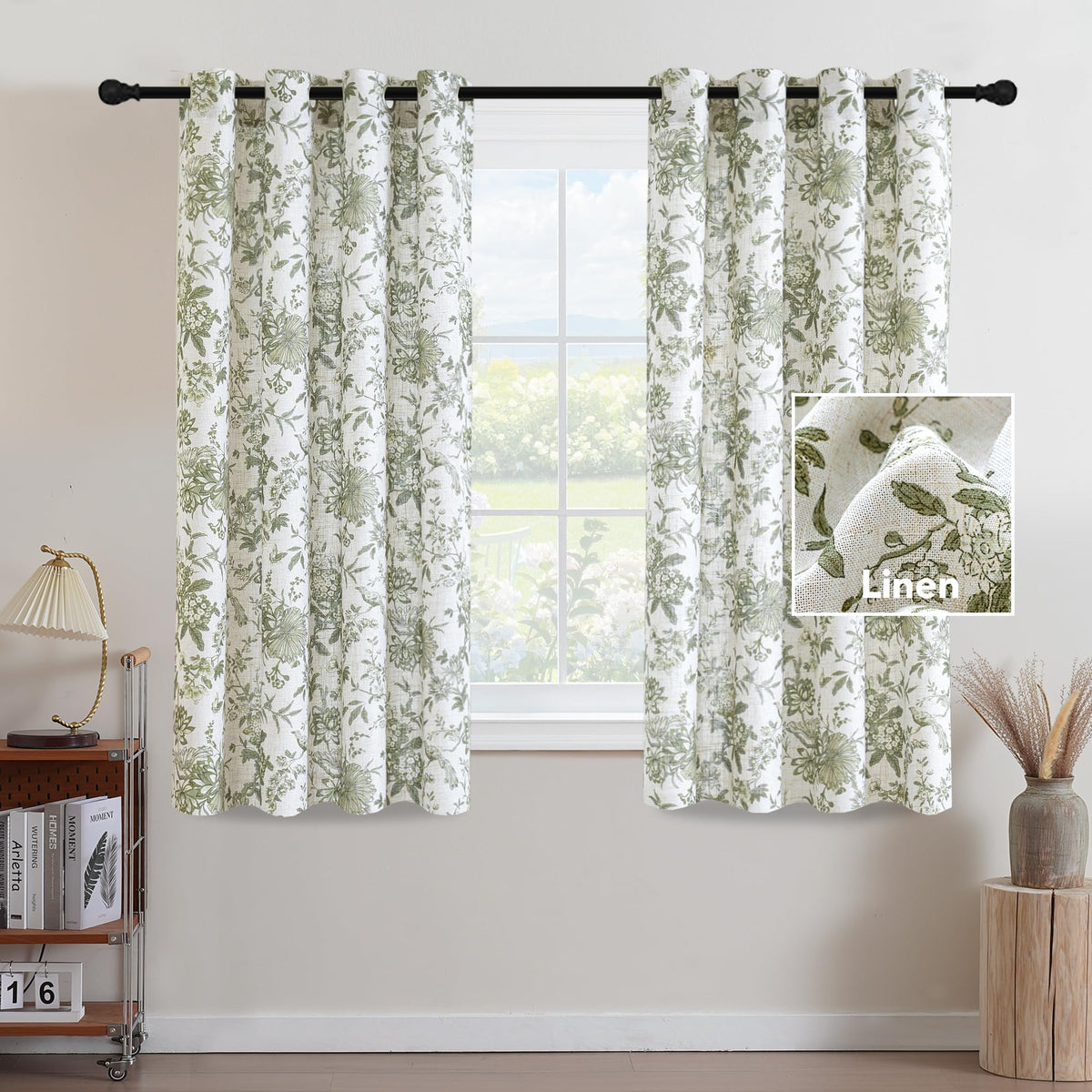 H.VERSAILTEX Linen Blend Curtains for Living Room Printed Floral Curtain Grommet Farmhouse Flower Patterned Drapes Window Treatment Panels Set of 2 Panels, 52" W x 84" L, Iberra Sesame - Taupe