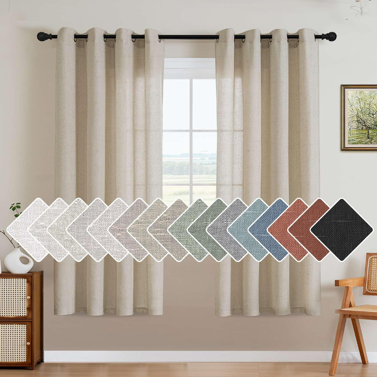 H.VERSAILTEX Natural Linen Curtains 63 inches Long for Living Room 2 Panels Back Tab Loop Pocket Textured Light Filtering Semi Sheer Curtains Rustic Farmhouse Boho Curtain for Bedroom, Sea Grass