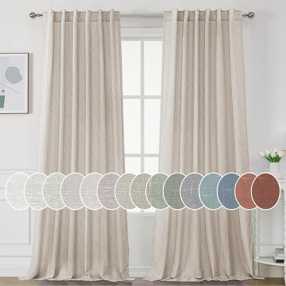 Natural Linen Tab Loop Pocket Semi Sheer Light Filtering Curtains