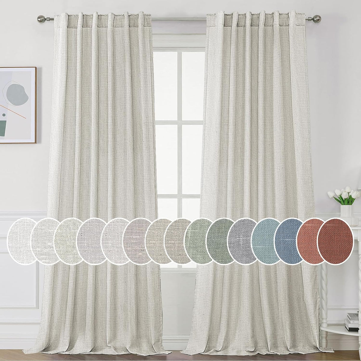 Natural Linen Tab Loop Pocket Semi Sheer Light Filtering Curtains