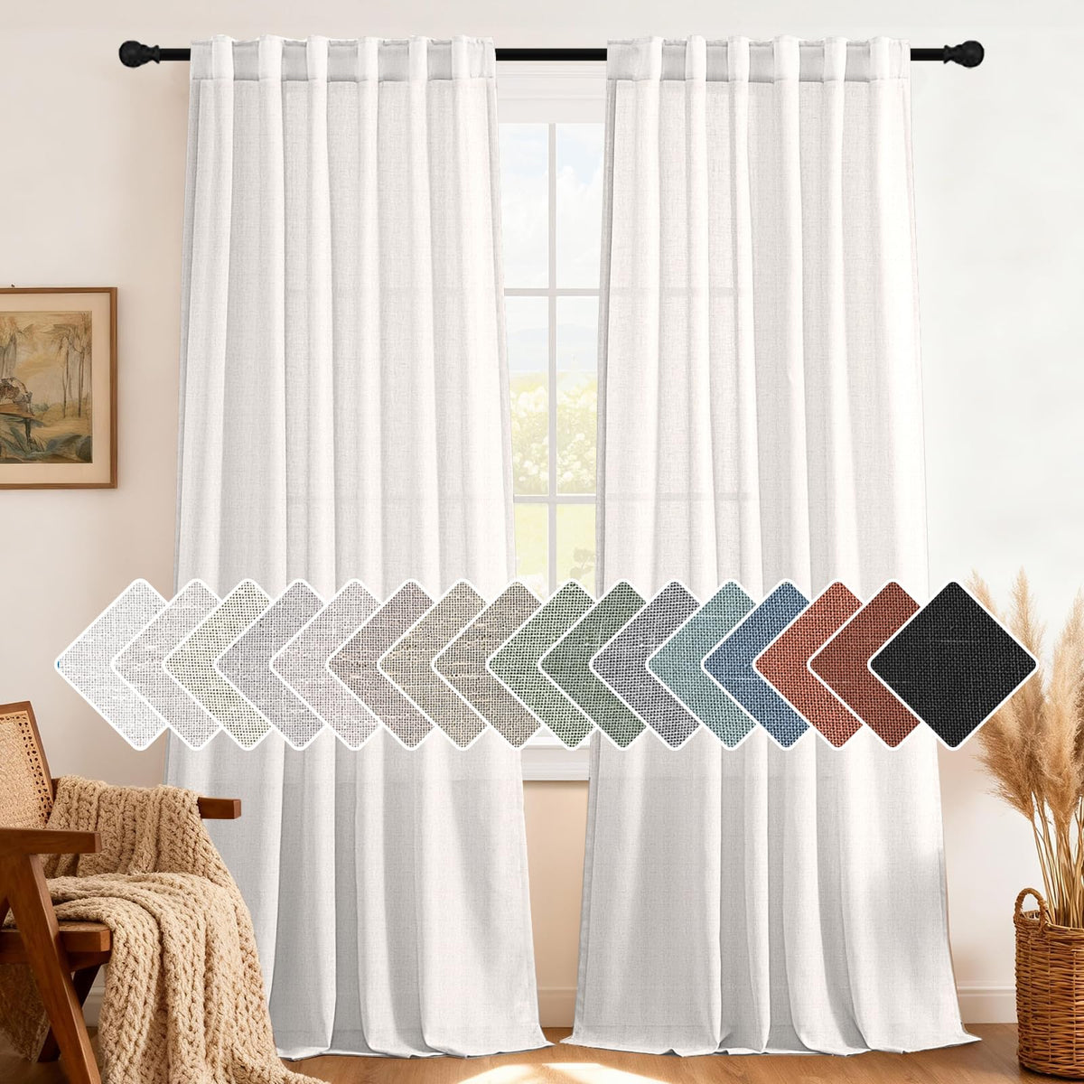 H.VERSAILTEX Natural Linen Curtains 63 inches Long for Living Room 2 Panels Back Tab Loop Pocket Textured Light Filtering Semi Sheer Curtains Rustic Farmhouse Boho Curtain for Bedroom, Sea Grass