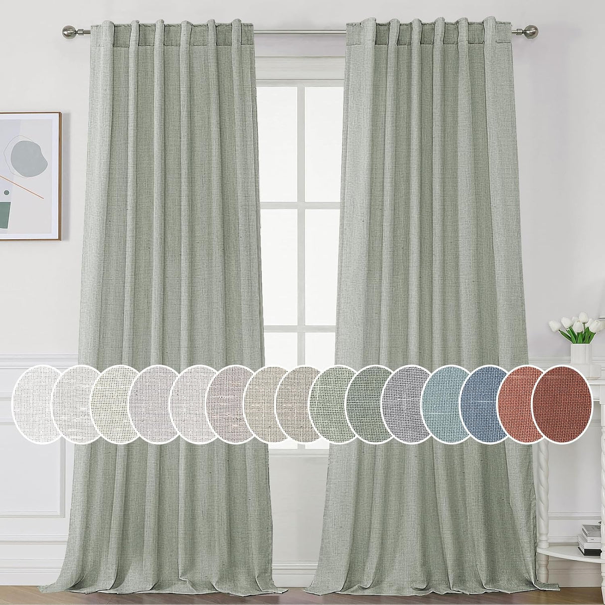 Natural Linen Tab Loop Pocket Semi Sheer Light Filtering Curtains