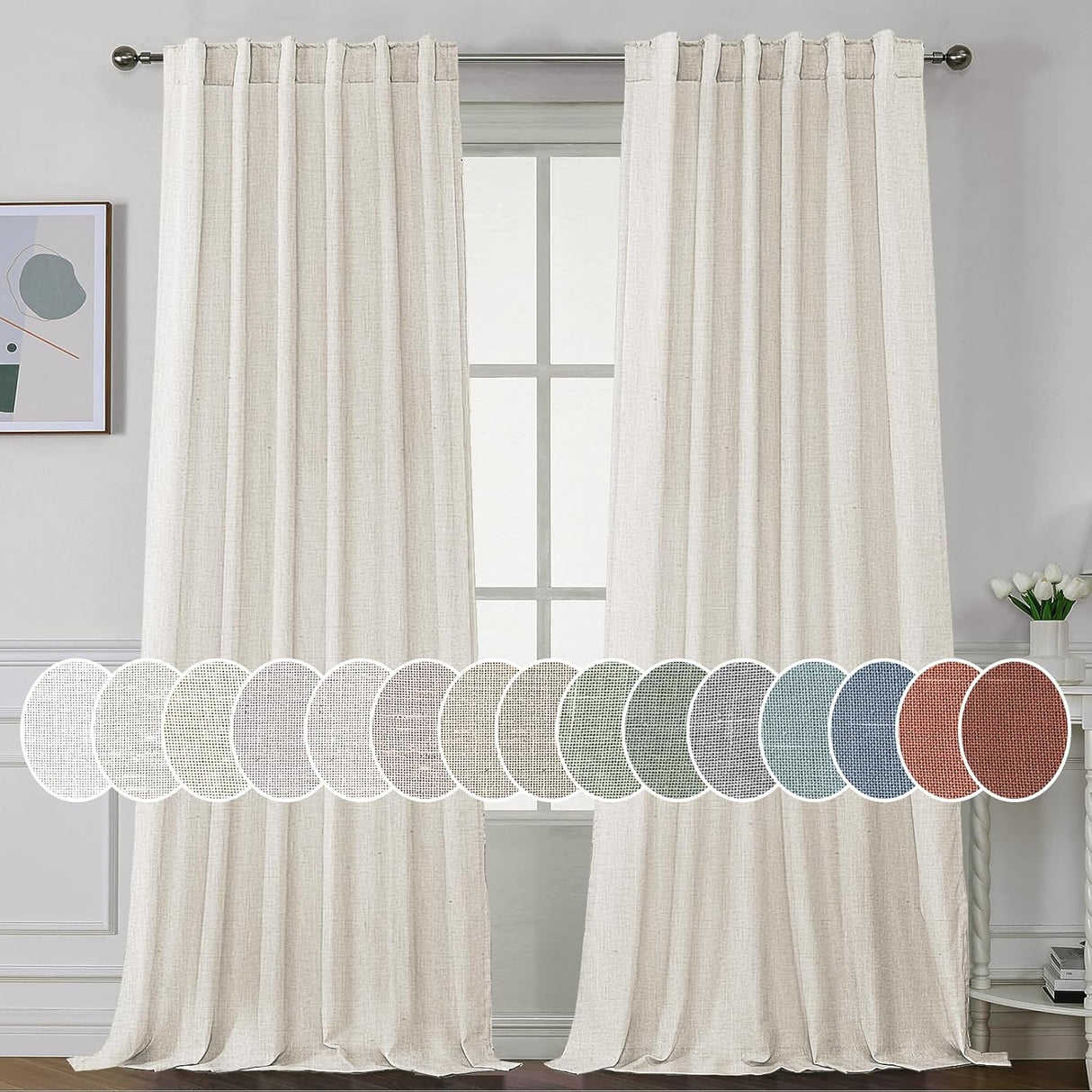 Natural Linen Tab Loop Pocket Semi Sheer Light Filtering Curtains