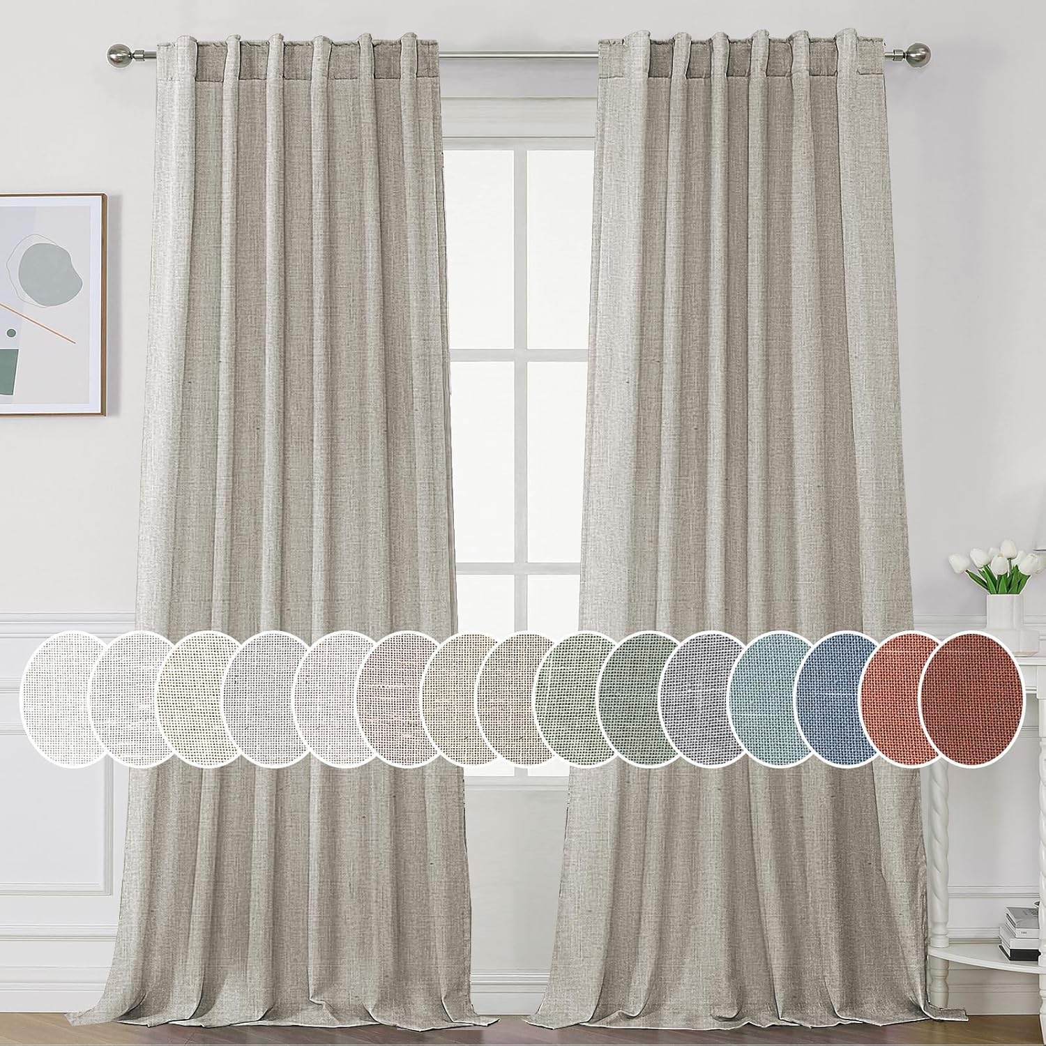 Natural Linen Tab Loop Pocket Semi Sheer Light Filtering Curtains