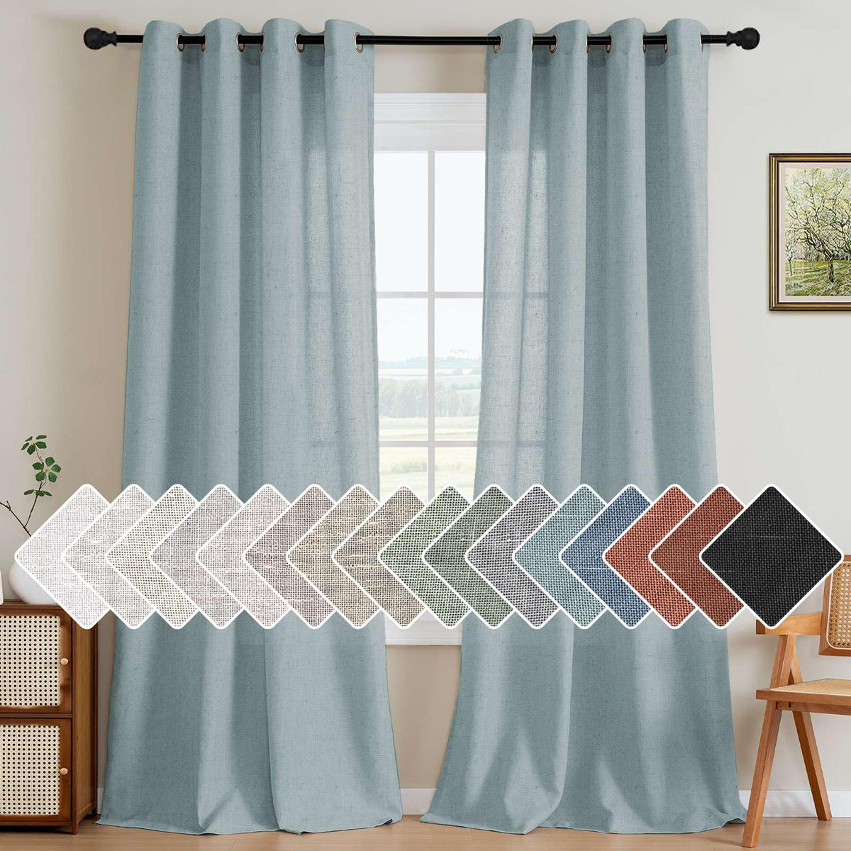 H.VERSAILTEX Natural Linen Curtains 63 inches Long for Living Room 2 Panels Back Tab Loop Pocket Textured Light Filtering Semi Sheer Curtains Rustic Farmhouse Boho Curtain for Bedroom, Sea Grass