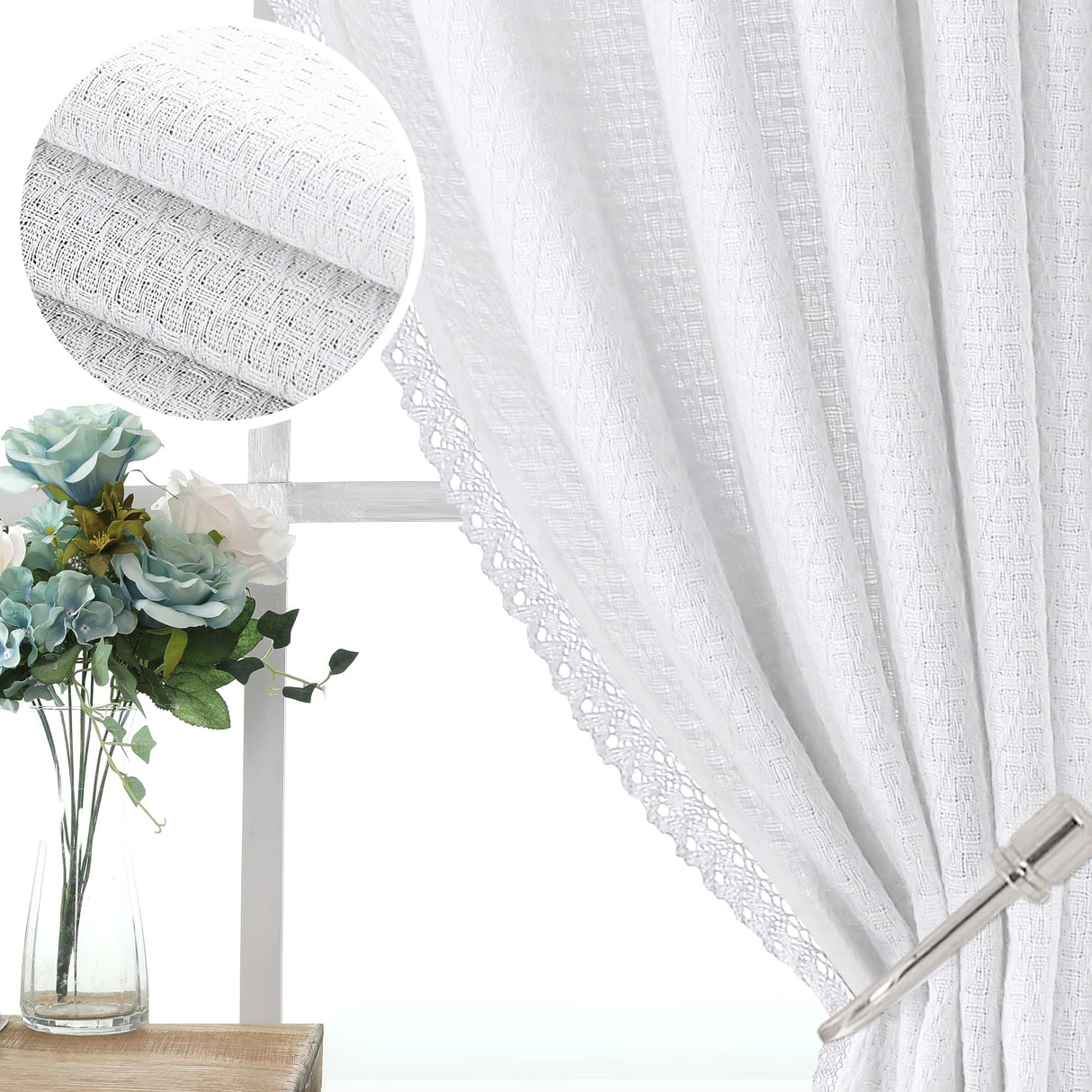 H.VERSAILTEX Boho Linen Curtains for Living Room Linen Textured Bedroom Curtain Light Filtering Back Tab, 52 x 84 inches Long, White, Set of 2 Panels