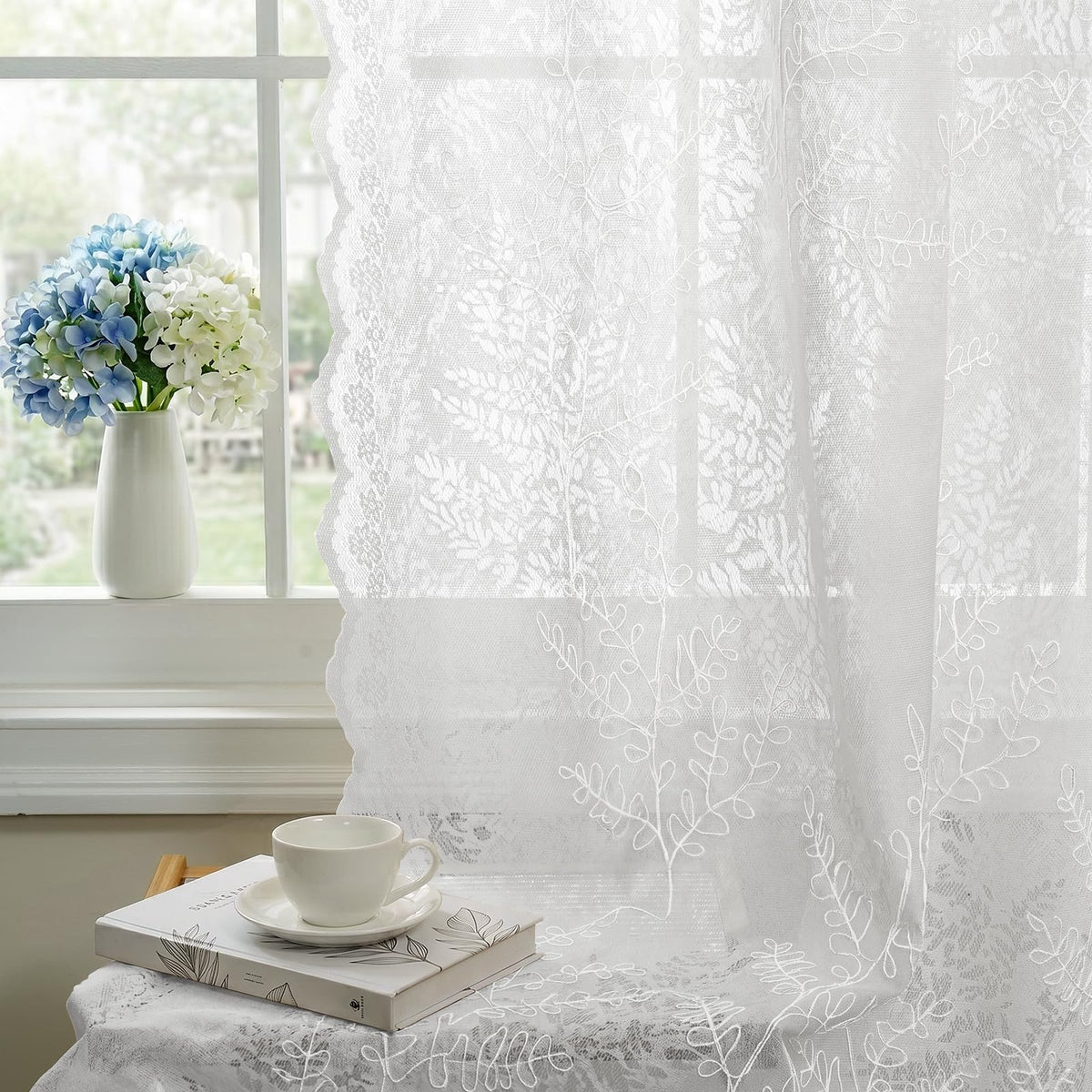 H.VERSAILTEX Cream Beige Lace Curtains 84 Inches Long 2 Panels, Rod Pocket