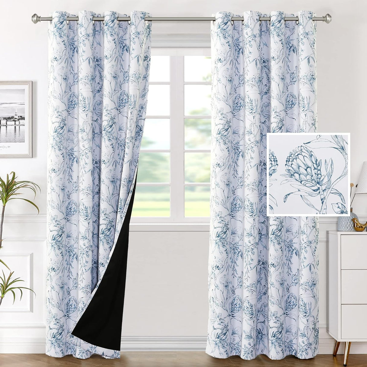 H.VERSAILTEX 100% Blackout Curtains for Living Room Camellia Floral Thermal Insulated Grommet Window Drapes 2 Panels