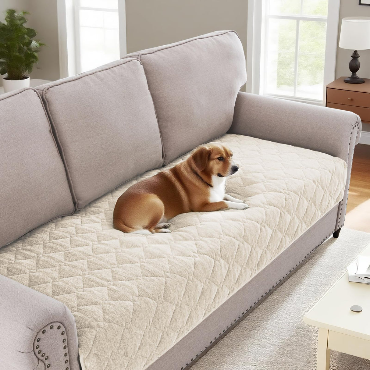 H.VERSAILTEX Couch Cover Chenille Pet Fuzzy Sofa Covers for 3 Cushion Couch Anti Slip Washable Sofa Slipcovers with Strap Soft Couch Protector Cover for Dogs Cats Kids(36" x 74",Khaki)
