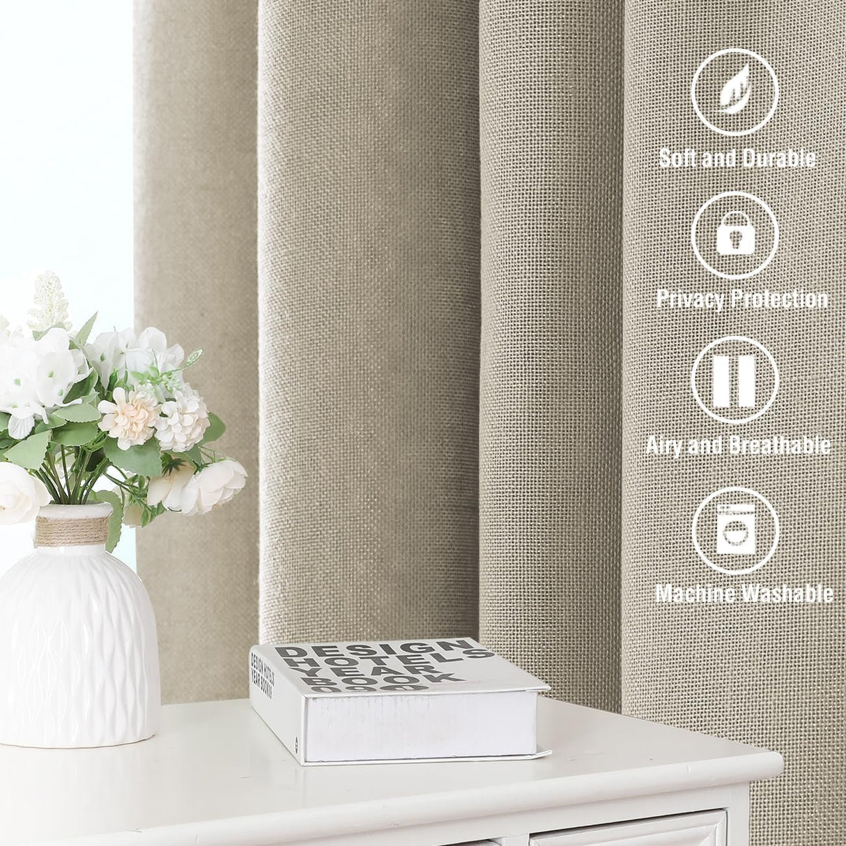 Natural Linen Tab Loop Pocket Semi Sheer Light Filtering Curtains