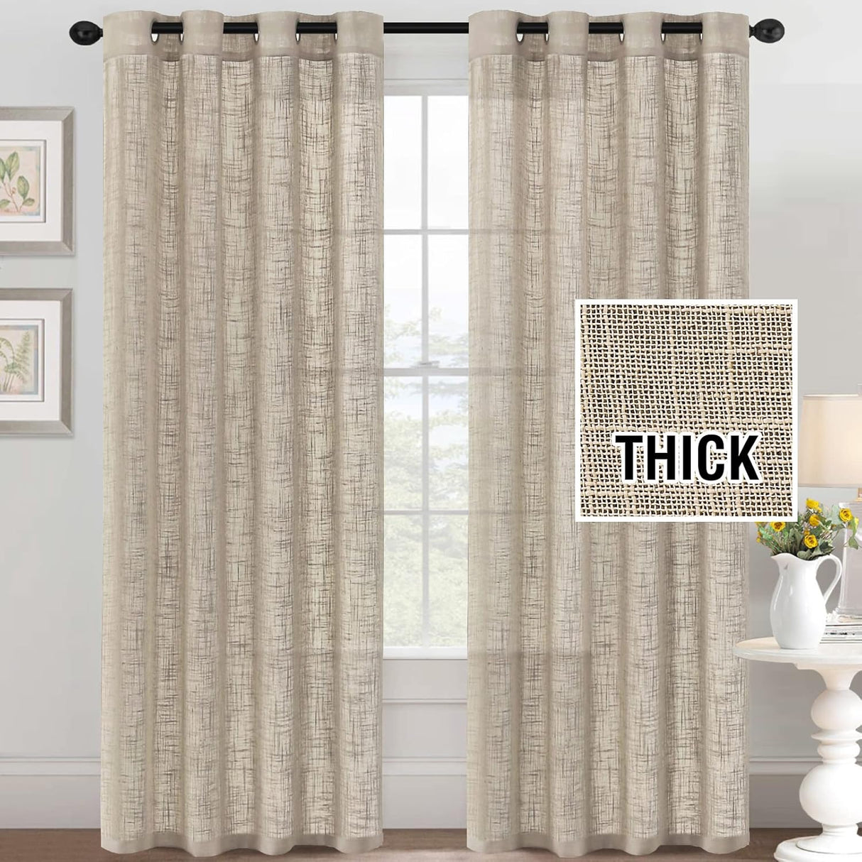 H.VERSAILTEX Linen Blended Curtains - Natural Linen Textured, Light Filtering Nickel Grommet 2 Panel Sets, 52" x 84", Angora for Living Room & Bedroom