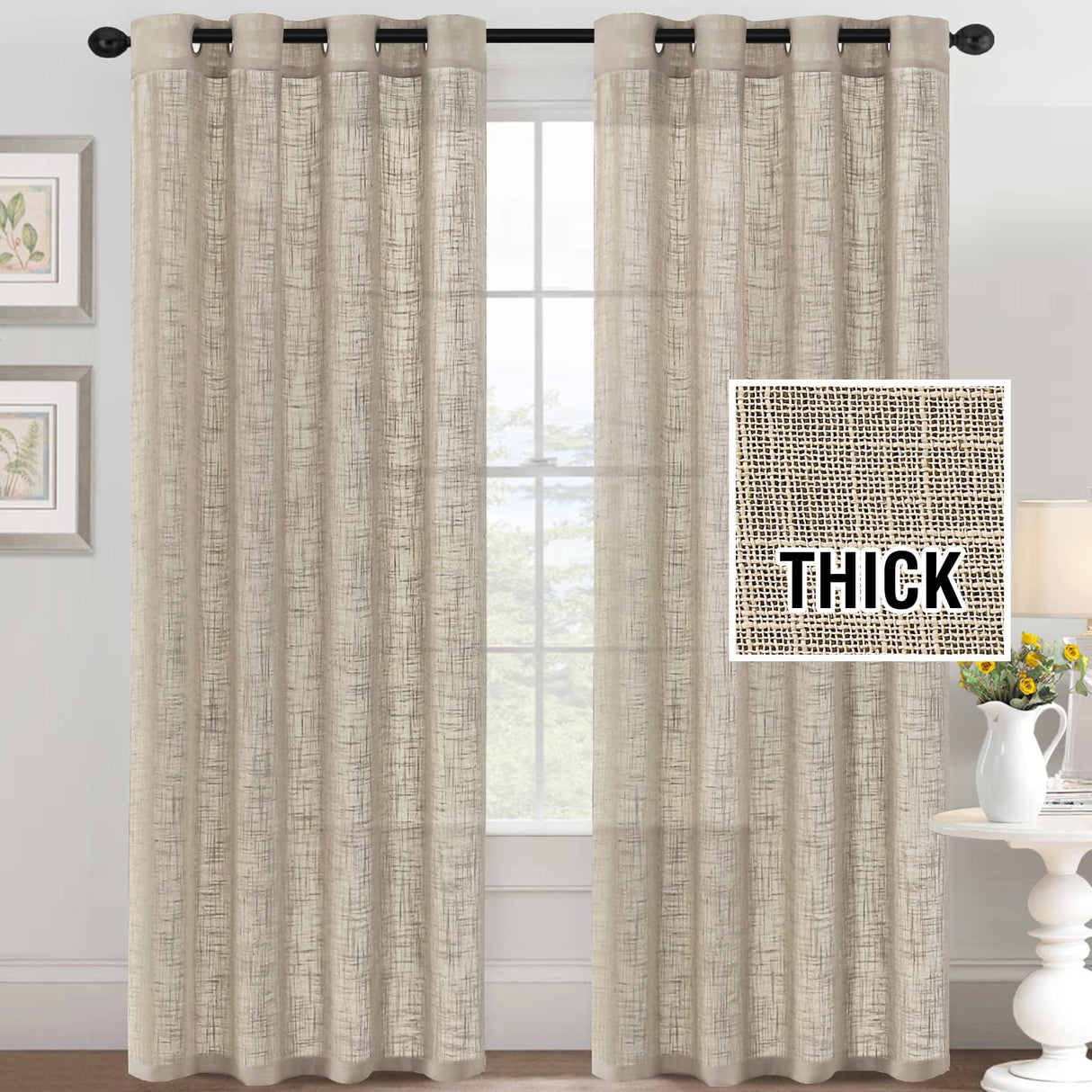 H.VERSAILTEX Linen Blended Curtains - Natural Linen Textured, Light Filtering Nickel Grommet 2 Panel Sets, 52" x 84", Angora for Living Room & Bedroom