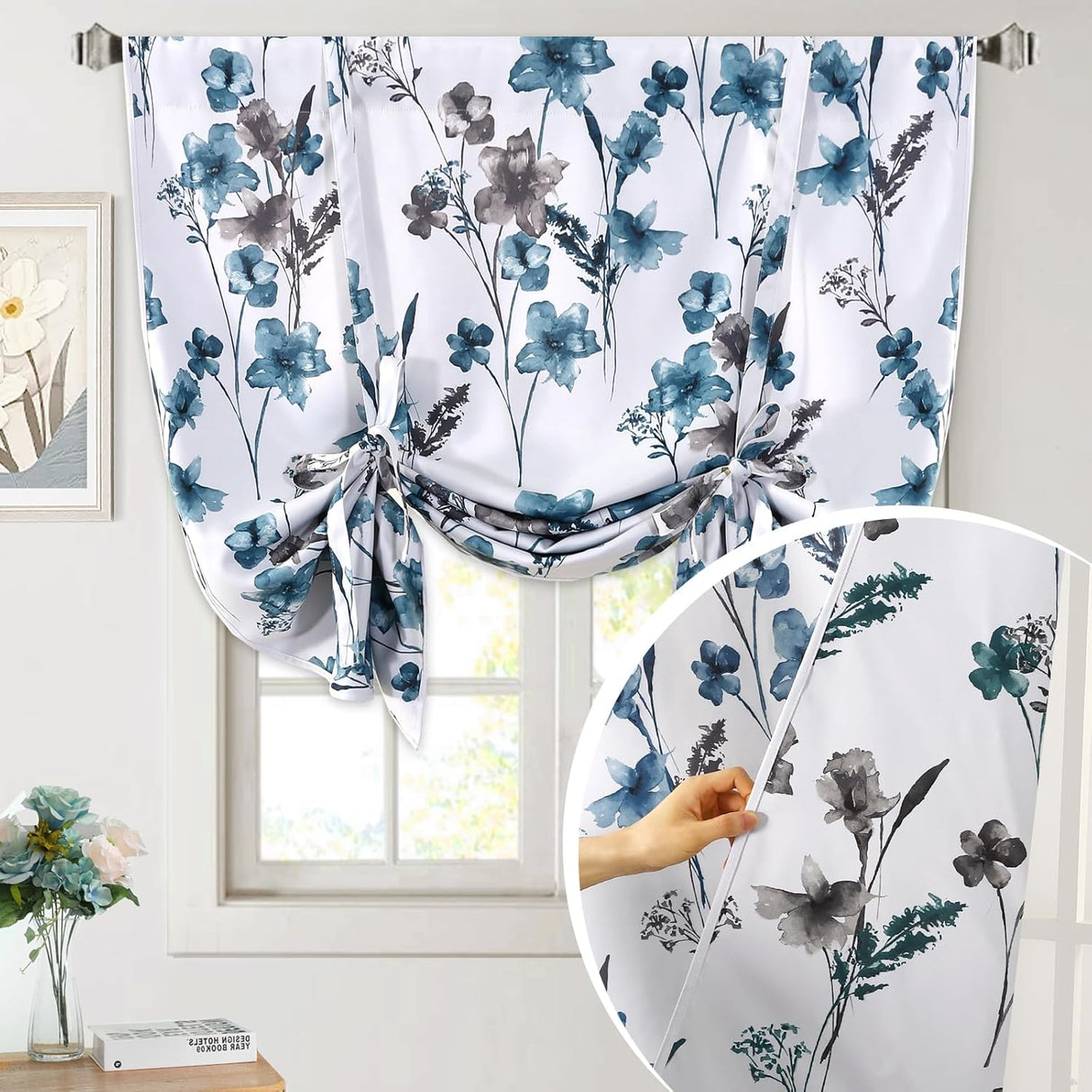 H.VERSAILTEX Tie Up Curtain Double Sided Cattleya Floral Printed Rod Pocket Balloon Roman Window Valance