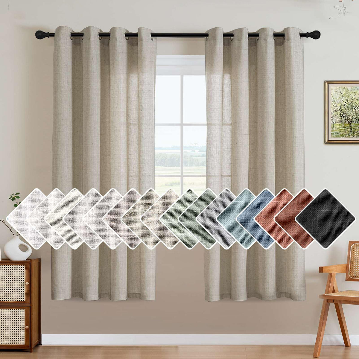 H.VERSAILTEX Natural Linen Curtains 63 inches Long for Living Room 2 Panels Back Tab Loop Pocket Textured Light Filtering Semi Sheer Curtains Rustic Farmhouse Boho Curtain for Bedroom, Sea Grass