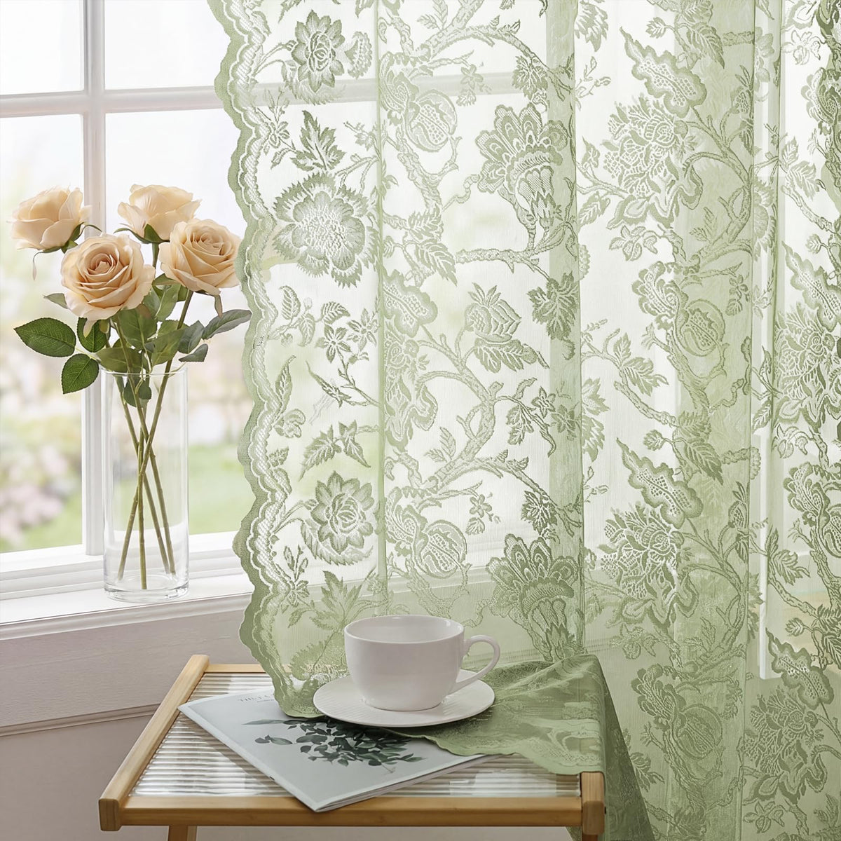 H.VERSAILTEX Cream Beige Lace Curtains 84 Inches Long 2 Panels, Rod Pocket