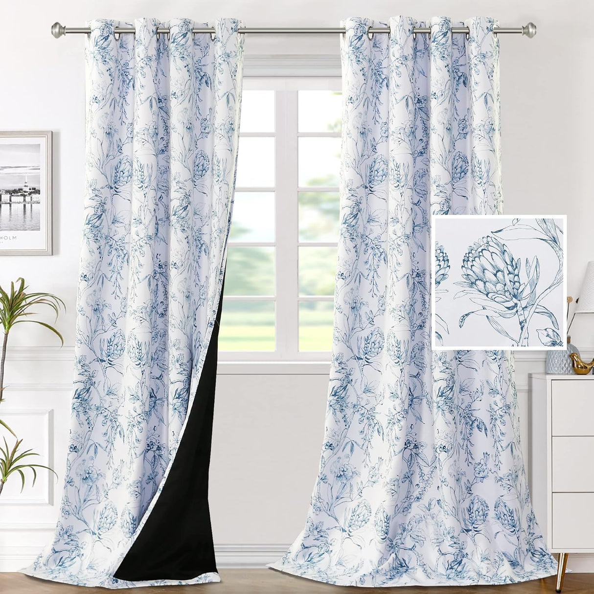 H.VERSAILTEX 100% Blackout Curtains for Living Room Camellia Floral Thermal Insulated Grommet Window Drapes 2 Panels