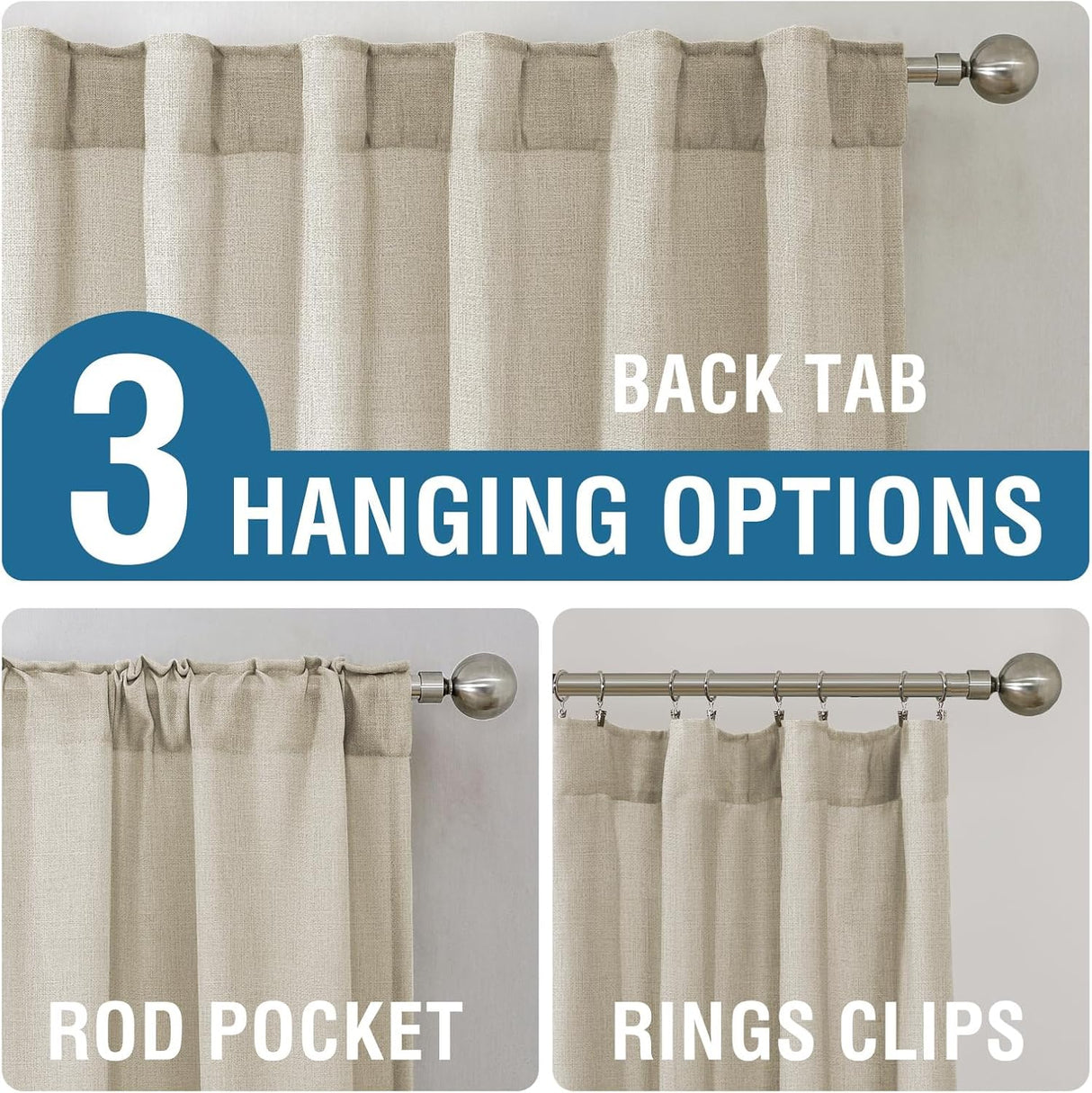 Natural Linen Tab Loop Pocket Semi Sheer Light Filtering Curtains