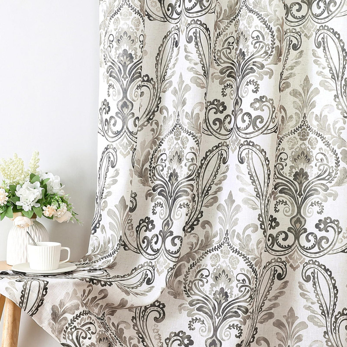 H.VERSAILTEX Farmhouse Floral Curtains for Living Room 84 Inch Length 2 Panles Set Summer Privacy Light Filtering Sheer Curtains Linen Style Drapes, Damask Printed Curtain, Taupe