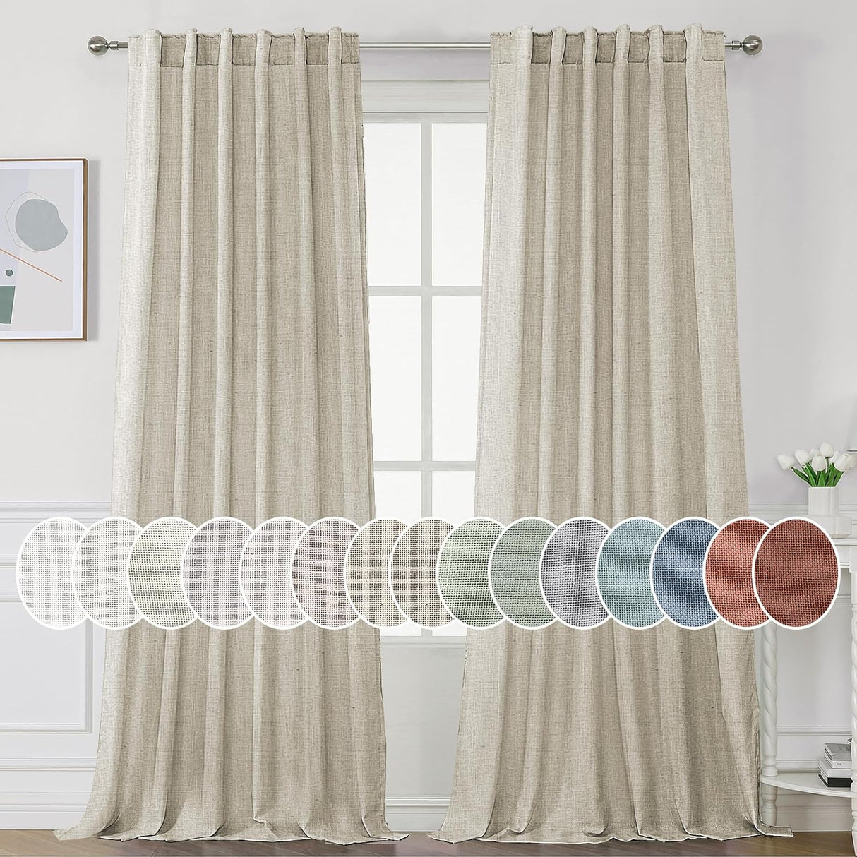 Natural Linen Tab Loop Pocket Semi Sheer Light Filtering Curtains