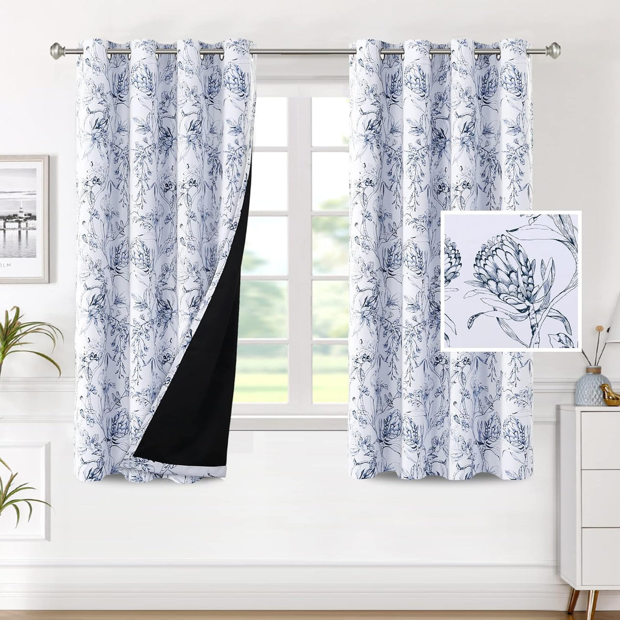 H.VERSAILTEX 100% Blackout Curtains for Living Room Camellia Floral Thermal Insulated Grommet Window Drapes 2 Panels