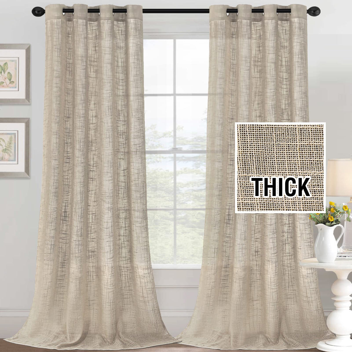 H.VERSAILTEX Linen Blended Curtains - Natural Linen Textured, Light Filtering Nickel Grommet 2 Panel Sets, 52" x 84", Angora for Living Room & Bedroom