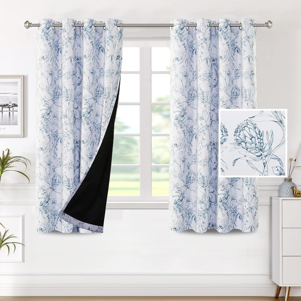 H.VERSAILTEX 100% Blackout Curtains for Living Room Camellia Floral Thermal Insulated Grommet Window Drapes 2 Panels