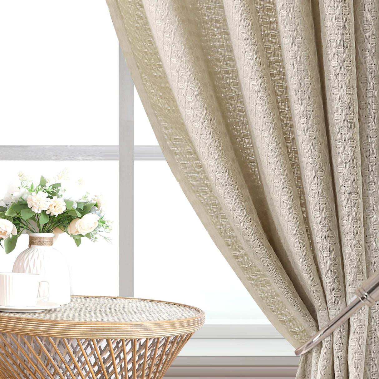 H.VERSAILTEX Boho Linen Curtains for Living Room Linen Textured Bedroom Curtain Light Filtering Back Tab, 52 x 84 inches Long, White, Set of 2 Panels