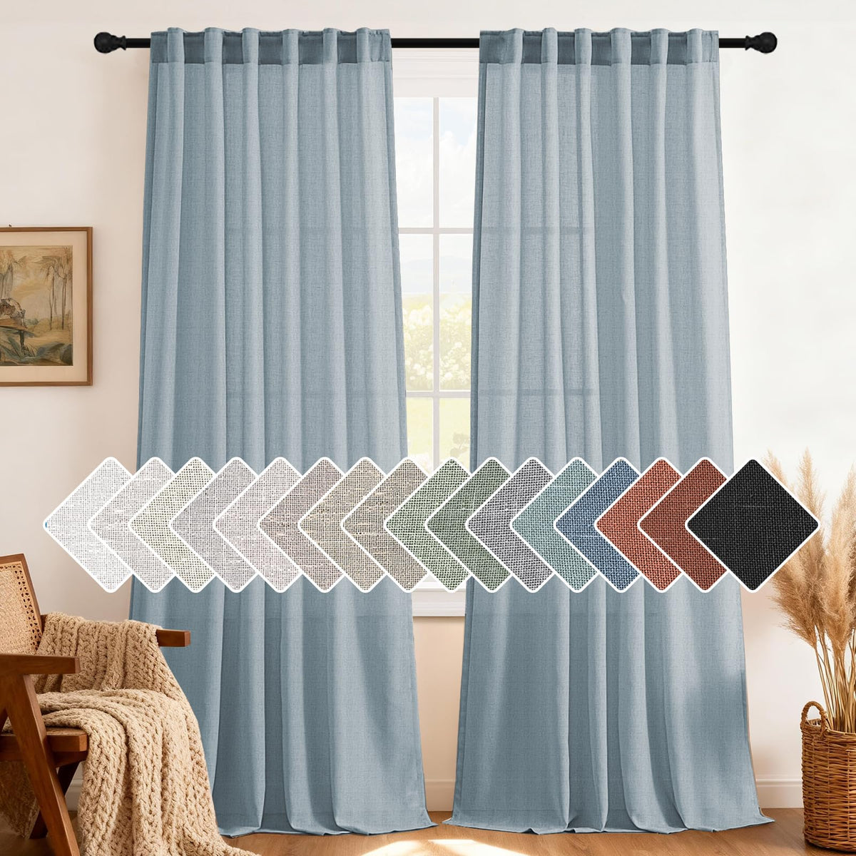 H.VERSAILTEX Natural Linen Curtains 63 inches Long for Living Room 2 Panels Back Tab Loop Pocket Textured Light Filtering Semi Sheer Curtains Rustic Farmhouse Boho Curtain for Bedroom, Sea Grass